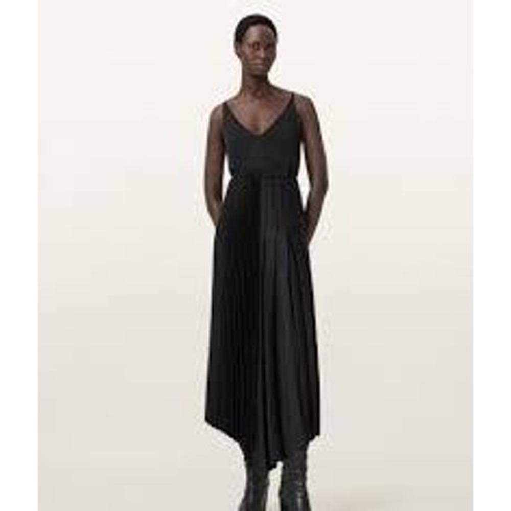 AllSaints Women Dress Large Black Jax Tee Pleated Asymmetrical Midi W326DB